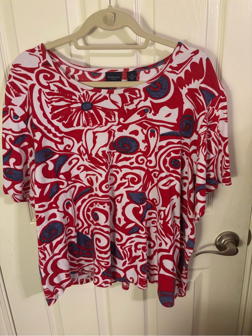 Westbound Red, White & Blue Printed Short-Sleeve Top. See measurements below.